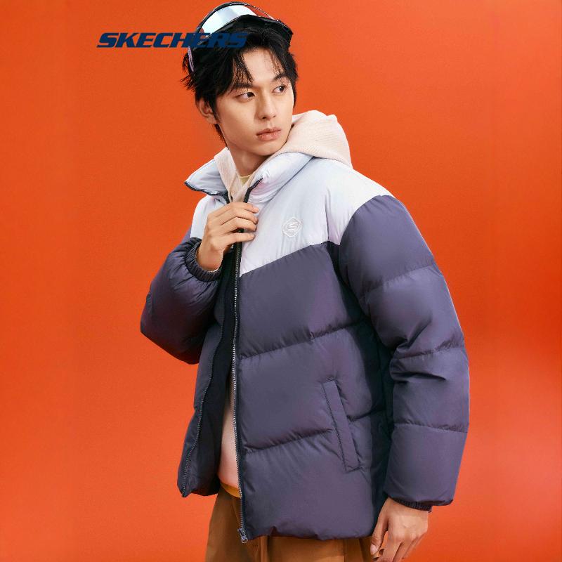 Skechers斯凯奇羽绒服冬季撞色男女同款潮流百搭立领短款保暖外套