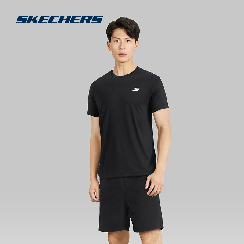 Skechers斯凯奇黑色T恤男款短袖短裤速干运动套装吸湿圆领上衣 - 图2