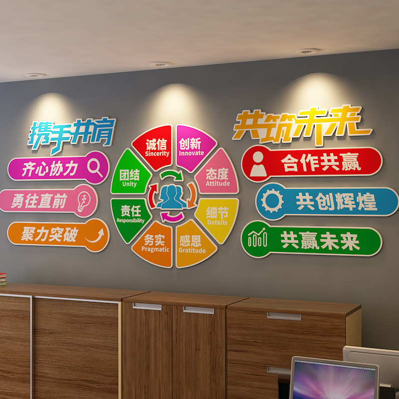 携手并肩共筑未来企业团队努力激励奋进文化墙贴现代简约设计背景