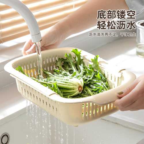 双层洗菜盆沥水篮加厚厨房家用可伸缩大号塑料新款水果水槽菜篮子 - 图1