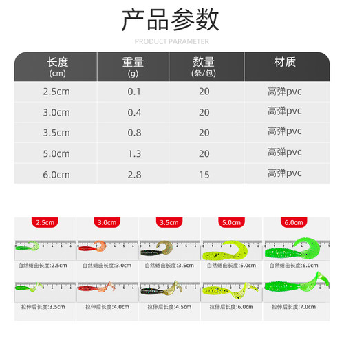 路亚根钓微物饵螺纹卷尾迷你软饵黑坑软虫3cm铅头钩小t尾翘嘴假饵-图0
