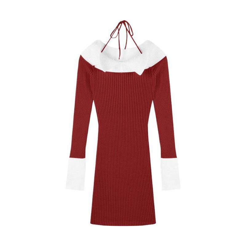 秋冬新款红色圣诞氛围感性感包臀裙子女一字肩针织毛衣连衣裙女装,淘宝优惠券,粉丝福利购,淘宝优惠卷