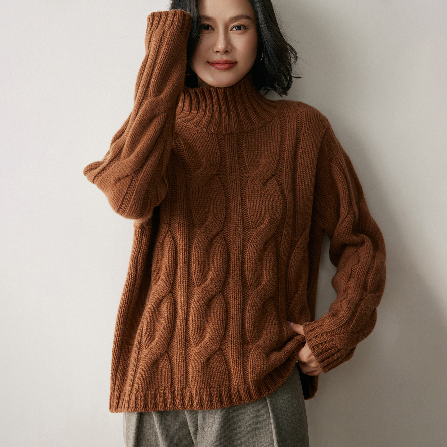 清河纯高领重磅羊绒衫女冬季加厚保暖绞花毛衣宽松慵懒针织打底衫,淘宝优惠券,粉丝福利购,淘宝优惠卷