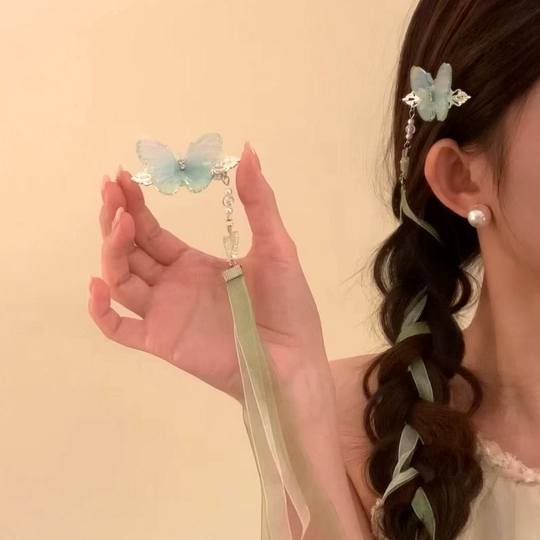 Butterfly tassel ribbon hairpin double ponytail hair accessory