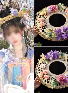 明媚黄色碎花编制斗笠汉服装饰帽