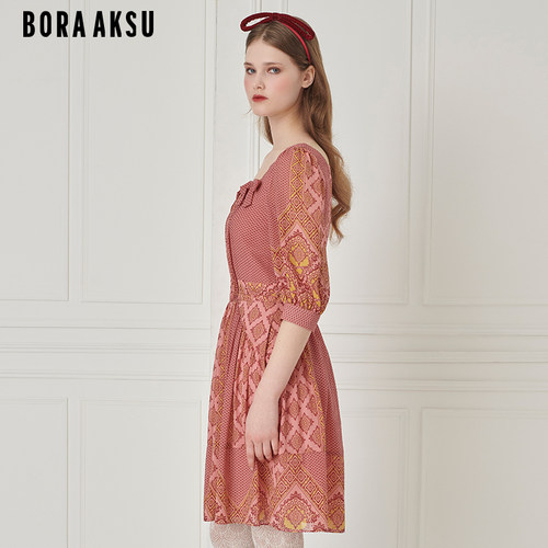 BORAAKSU早秋新款泡泡袖莫奈花园油画感印花连衣裙B1EFW61970 - 图1