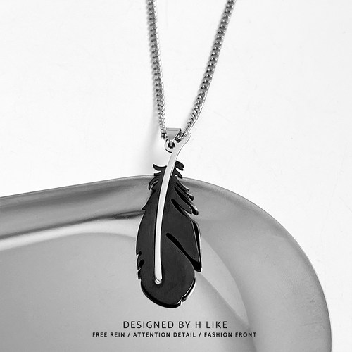 立体黑色羽毛项链吊坠饰品钛钢个性蛇骨短款卫衣链男女气质风配饰 - 图1