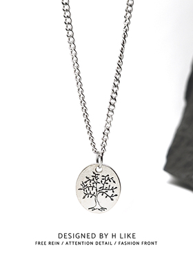 复古银色小树圆形项链吊坠饰品