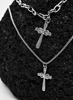 哥特小众双层叠加十字架钛钢项链