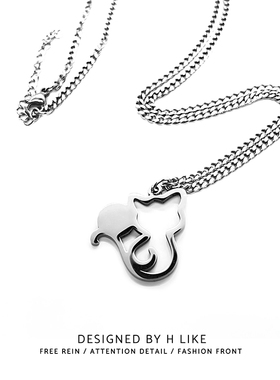 镂空小猫钛钢蛇骨链男女项链吊坠