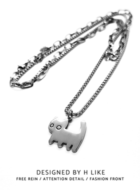 行走猫咪钛钢蛇骨链双层项链吊坠