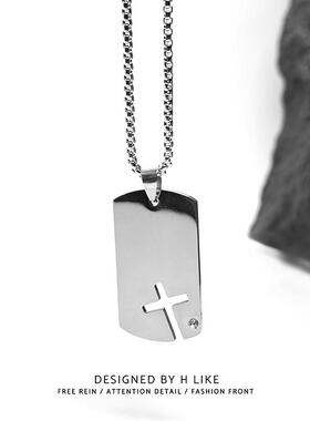 黑银十字架吊坠钛钢项链双层叠加