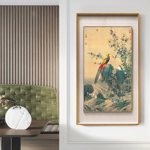 郎世宁锦春图新中式玄关装饰画过道走廊墙壁画书房茶室入户门挂画 - 图0