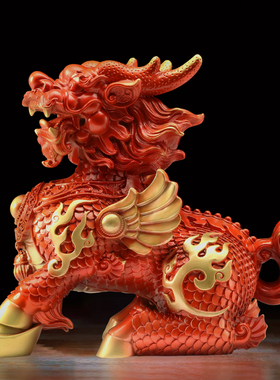 全铜红色火麒麟摆l件一对招财对门中式办公室客厅玄关摆设工艺品