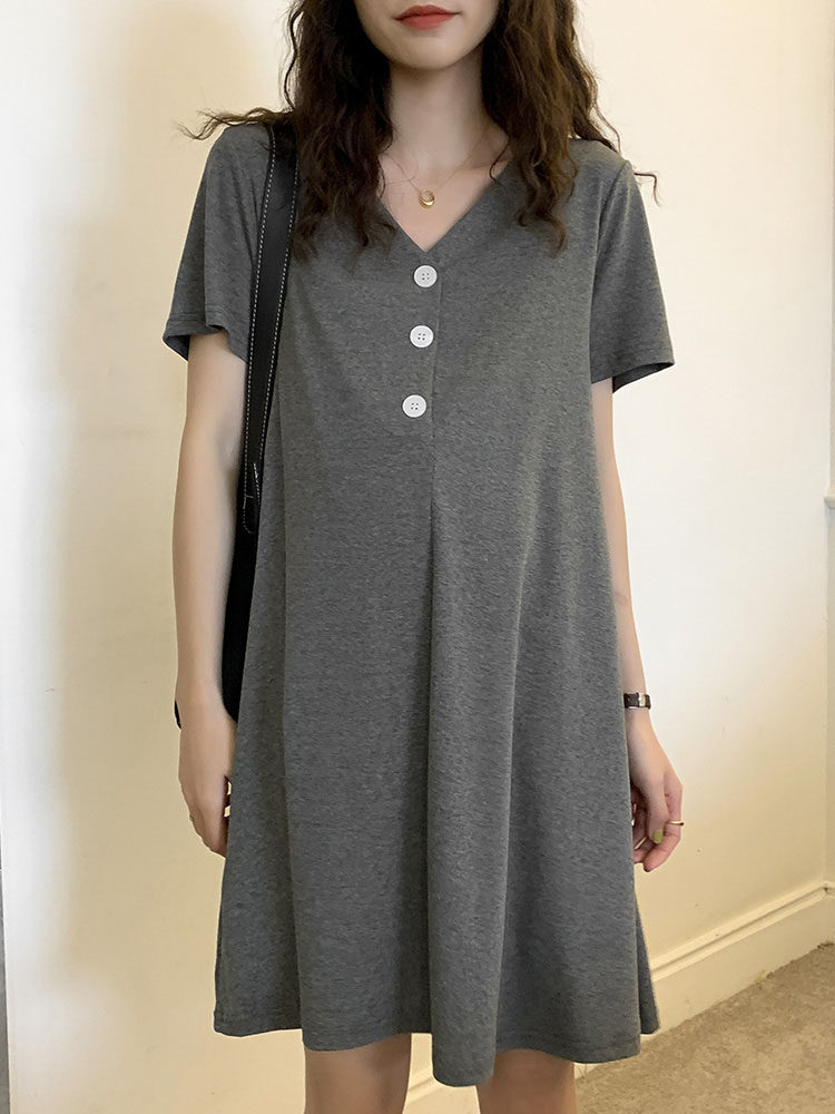 孕妇夏装纯棉大码v领韩版t恤裙子 班比丽朵连衣裙