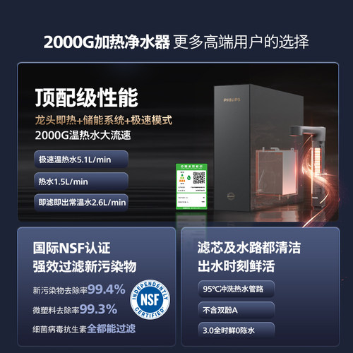 飞利浦加热净水器2000G厨下滤水家用即热矿物质直饮净水机U24pro - 图2