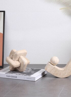 现代极简洞洞石环扣大理石u摆件几何十字家居客厅书房桌面书镇饰