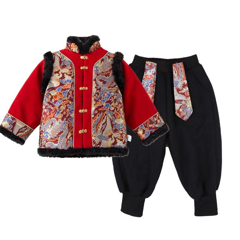 男童拜年服两件套新中式加厚衣服2026新款冬季男童加绒裤子过年装,淘宝优惠券,粉丝福利购,淘宝优惠卷