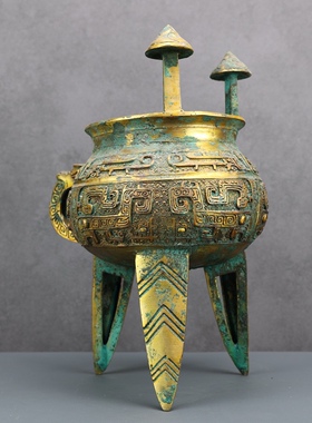 兽面纹鎏金青铜斝商代饕餮夔纹铜斝古青铜器山东滕州市博物馆藏