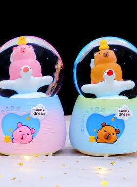 梦幻八音盒可爱水豚卡皮巴拉水晶球旋转飘雪音乐盒摆件礼品