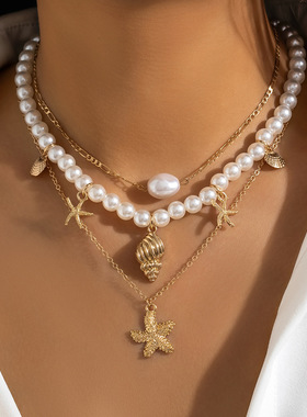 Beaded necklace beach imitation pearl collar vintage vacatio