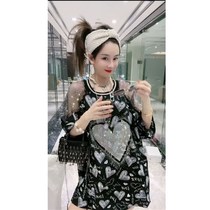 European Standing Womens Dress 2021 New Heavy Work Bronzed long version Short sleeves T-shirt Charlove printed big version of the blouse