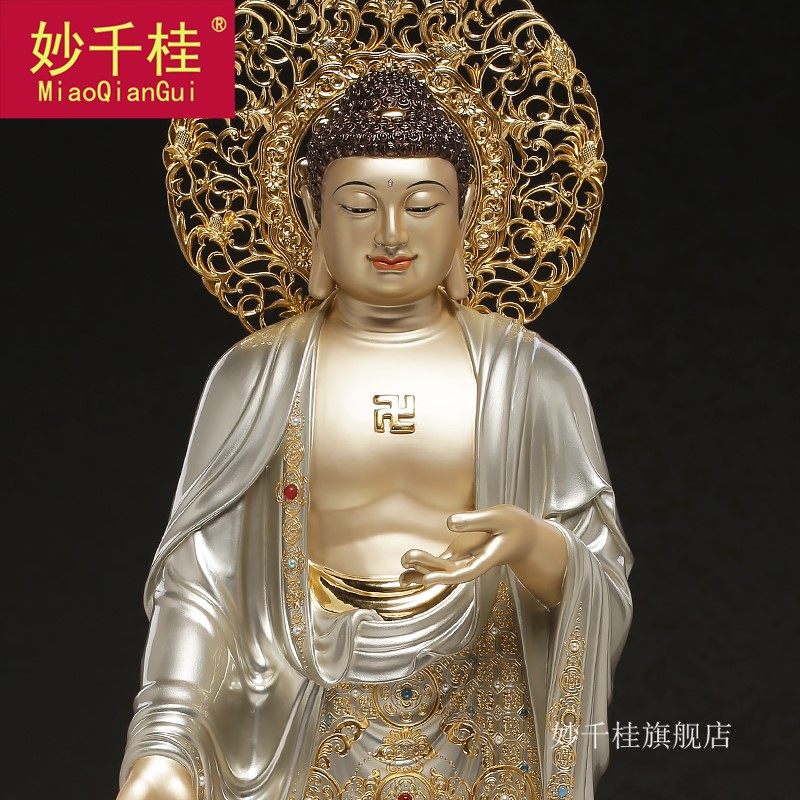 纯铜贴金西方三圣阿弥陀佛像掐丝 妙千桂摆件