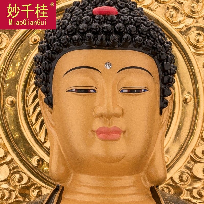 纯铜墨金彩绘阿弥陀佛西方三圣神像 妙千桂摆件