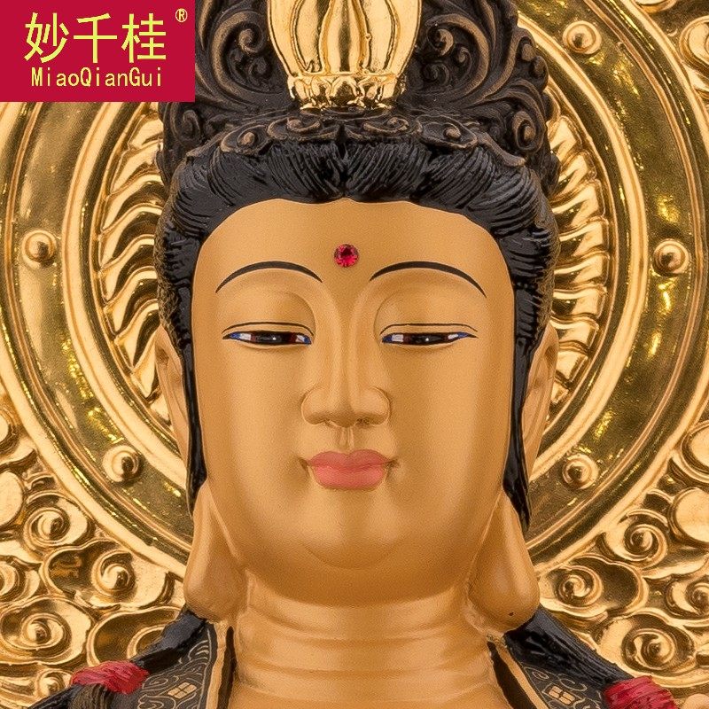 纯铜墨金彩绘阿弥陀佛西方三圣神像 妙千桂摆件