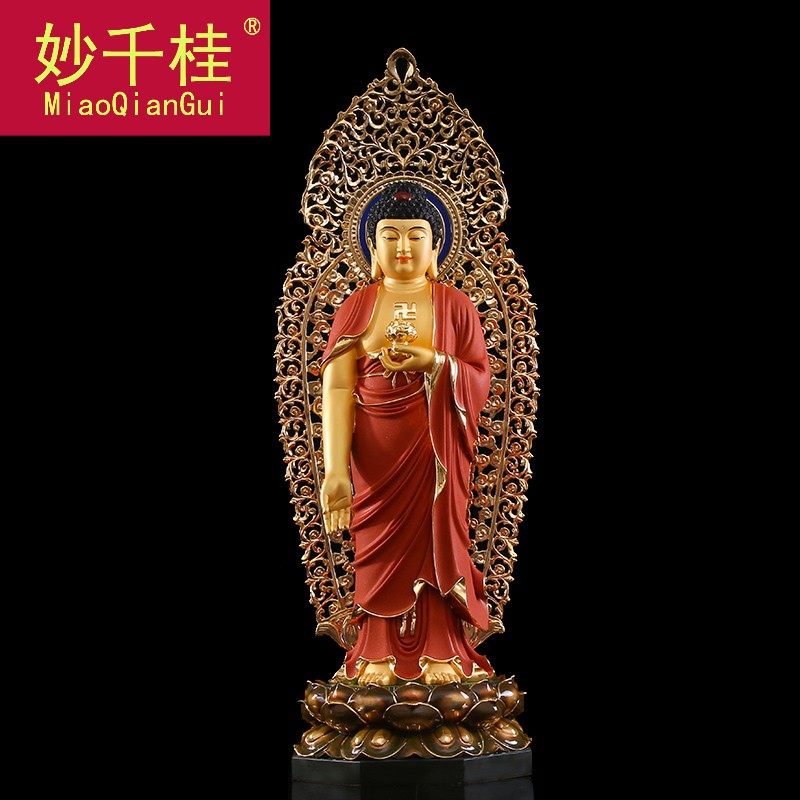 台湾纯铜彩绘观音佛像西方三圣铜像 妙千桂摆件