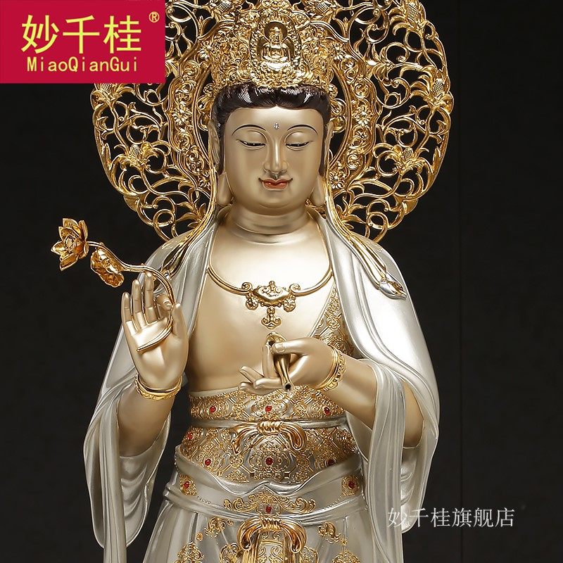 纯铜贴金西方三圣阿弥陀佛像掐丝 妙千桂摆件