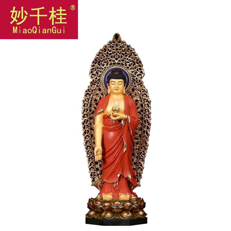 台湾纯铜彩绘观音佛像西方三圣铜像 妙千桂摆件