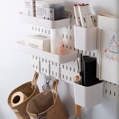 宜家洞洞板配件通用挂钩免打孔适挂篮夹子大搁板收纳盒置物架钉板 - 图1