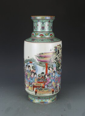大清乾隆粉彩描金金陵十二钗棒槌瓶仿古L瓷器古董彩绘花瓶古玩