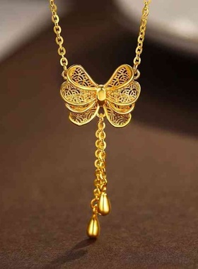 新款仙气蝴蝶结项链 镂空蝴蝶结耳钉戒指沙金仙女三件套礼品礼物