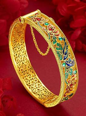 古法花丝镂空花鸟镀金手镯高级感珐琅烧蓝花鸟宫廷风花丝手镯
