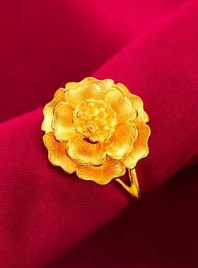 越南沙金开口戒指女士仿真金三层花朵食指指环新娘结婚金饰品