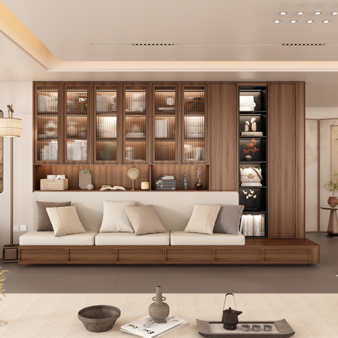 宋式美学书柜带卡座一体靠墙客厅沙发背景墙储物柜藤编门书橱定制,淘宝优惠券,粉丝福利购,淘宝优惠卷