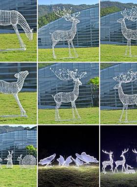 户外园林不锈钢梅花鹿雕塑售楼部草坪抽象铁艺镂空钢丝鹿装饰摆件
