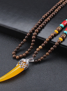 网红民族风鸡翅木牛角型吊坠毛衣链佛珠项链长款棉麻配饰厂家直销
