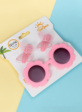 跨境新款儿童太阳镜刺绣蝴蝶宝宝水滴夹婴儿花朵墨镜发饰三件套装