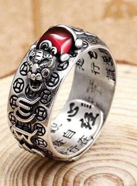 2026复古石榴石貔貅戒指男防泰银心经男士单身戒红刚玉金蟾开口指