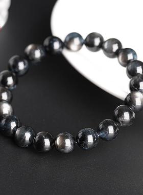 2026蓓蓓福 天然地狱之眼海蓝宝圆珠手链 猫眼魔鬼蓝黑色海蓝宝手