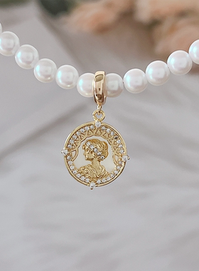 金色白贝复古女王头像吊坠可拆卸万能扣珍珠吊坠配件