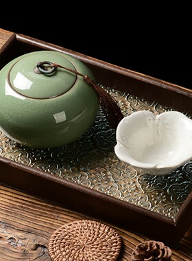 海棠玻璃托盘复古茶盘茶具摆件茶水杯收纳盘点心水果盘长方形原木