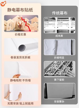 投影幕布自粘墙纸家用投影仪投影布墙贴白板挂墙投影静电贴纸银磊