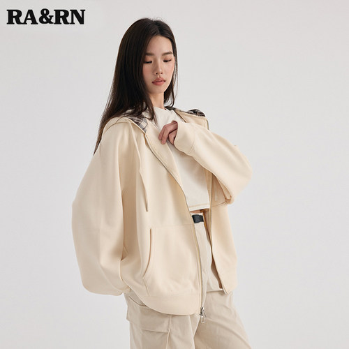 RARN热爱如你格纹拼接连帽卫衣女2025秋装设计感双拉链休闲外套 - 图2