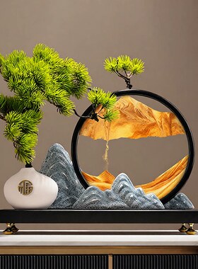 新中式创意迎客松流沙画摆件装饰品高级感客厅玄关办公室乔迁礼物