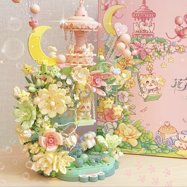 Hua Yan Tea Talk Building Blocks Flower Rotating Music Box Assembling Fun High Decoration Girls Birthday Chinese Valentine's Day Gift