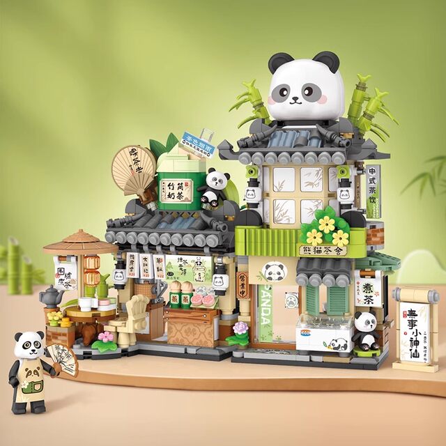 Loz Panda Teahouse foldable street view building blocks assembly fun high toy bear coffee three-dimensional puzzle gift